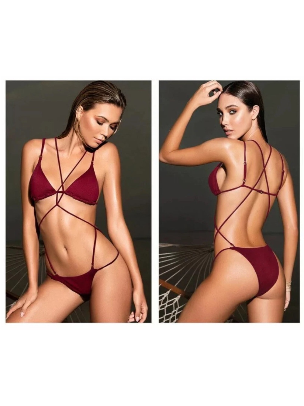 Mapale Strappy Monokini Swimsuit M Wine Red High Cut Cutout Bikini NWT